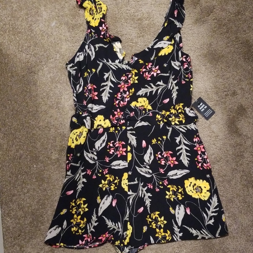 Express Black Floral Romper with Yellow & Pink Accents
